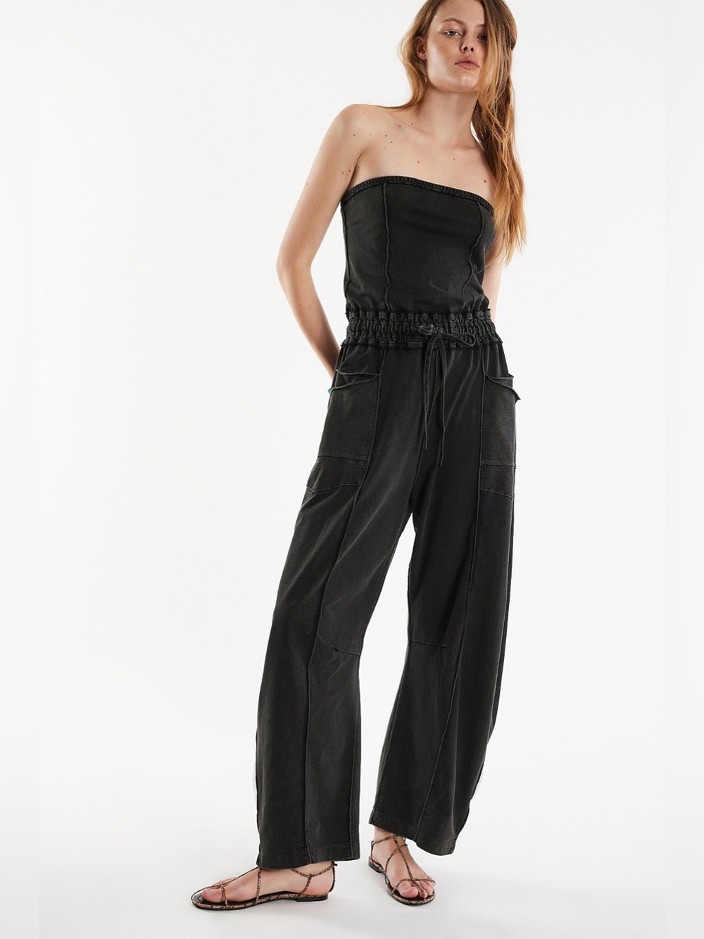 Free People black combo One Kaiden One-Piece barrel jumpsuit size M new